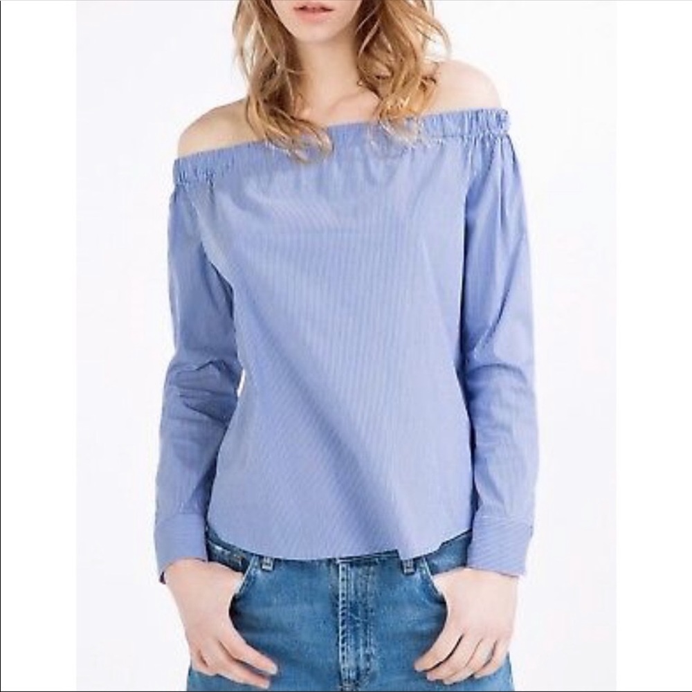 [Zara] Blue And White Striped Off The Shoulder Top